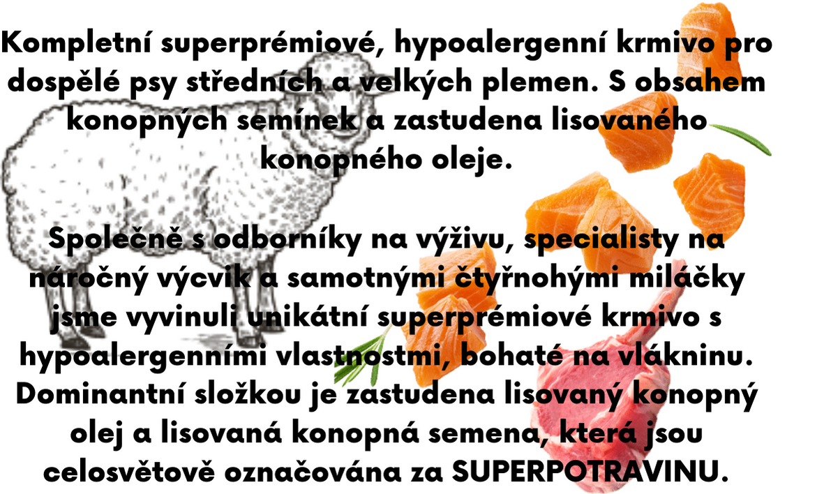 Kompletní superprémiové, hypoalergenní krmivo pro dospělé psy malých a středních plemen. S obsahem konopných semínek a zastudena lisovaného konopného oleje. (1)